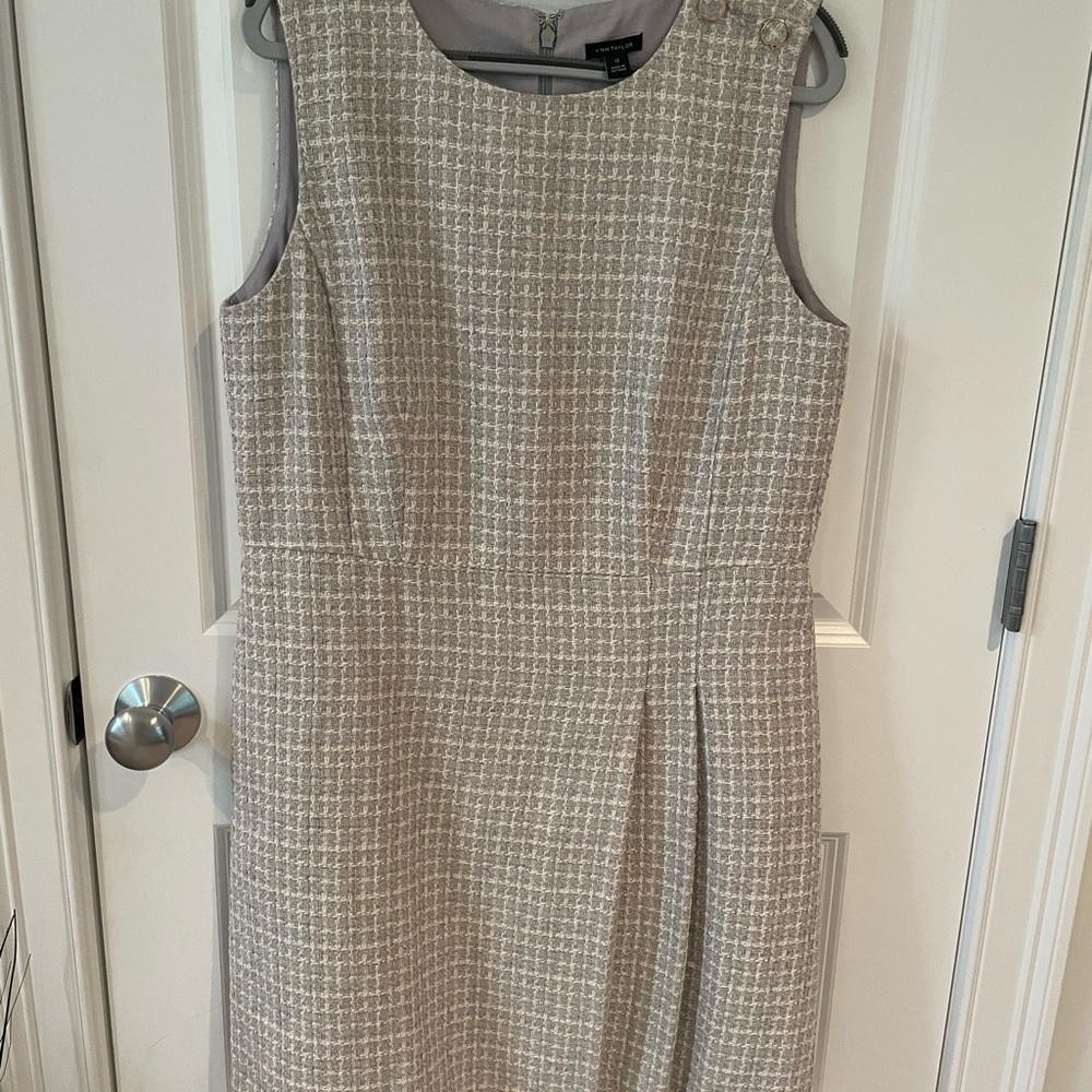 Ann Taylor Tan and White Pleated Sheath Midi Dress